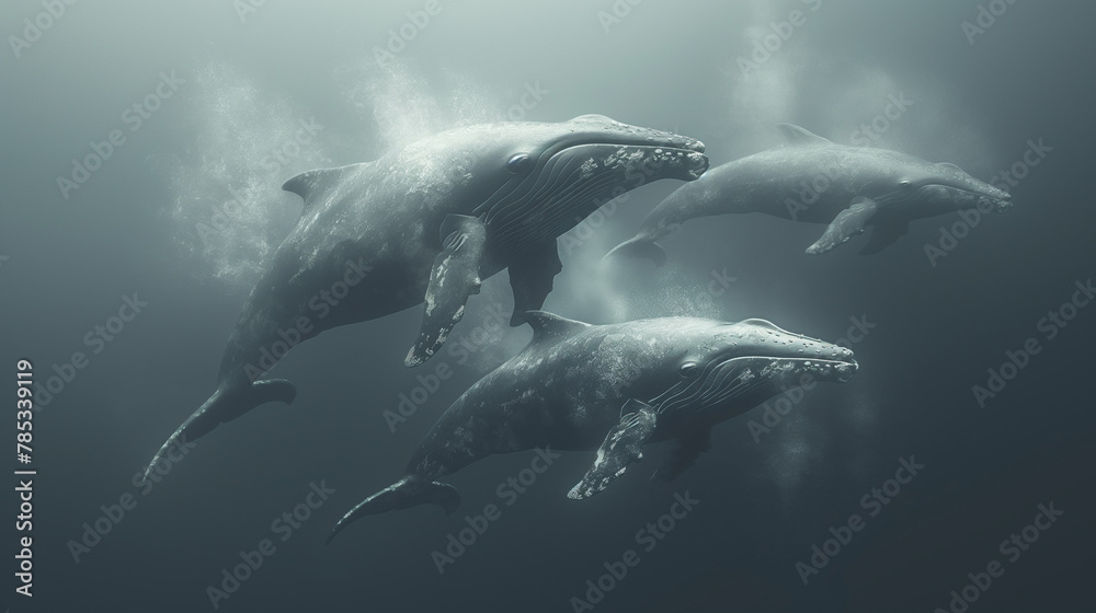 Three Whales Swimming at Night
