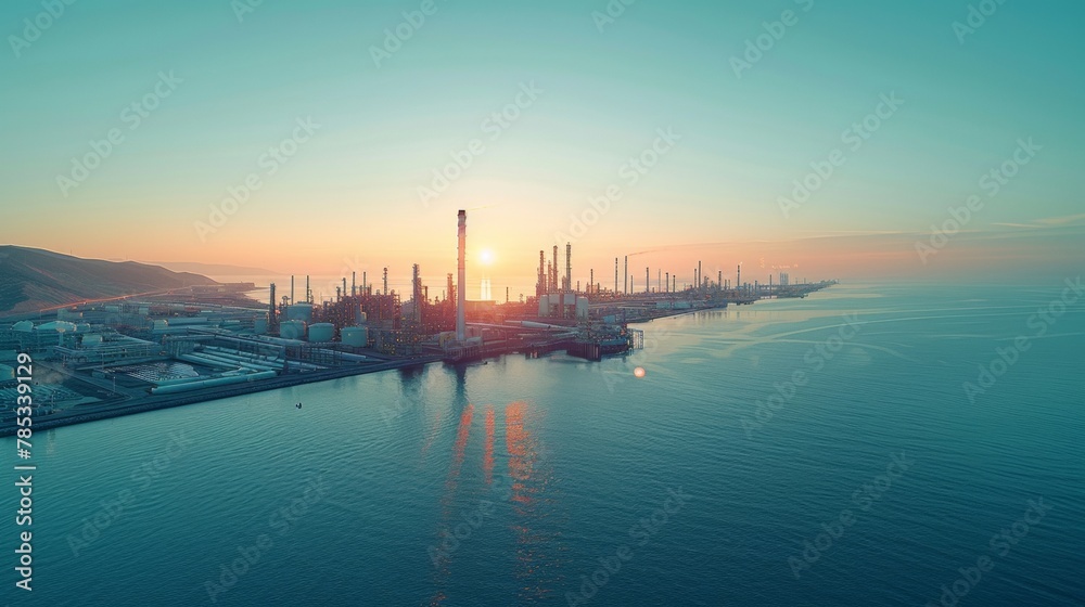 Sunset Glow Over Coastal Industrial Landscape with Oil Refinery Structures