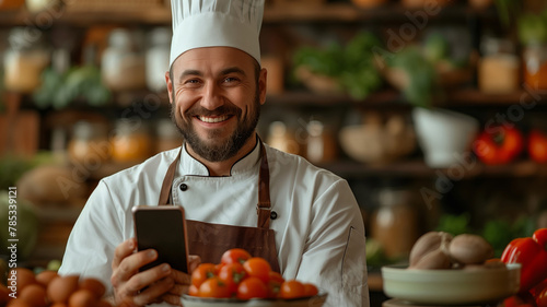 A chef is smiling and holding a cell phone in front of a table full of food. An chef live streaming a cooking tutorial, holding a smartphone, with a kitchen filled with fresh ingredients.