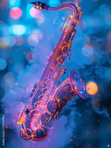 Glowing Cyber Saxophone Against a Futuristic Neon Backdrop