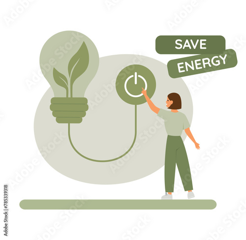 Save energy concept. Woman push shutdown symbol.  Energy icon with lightbulb with green leaves. Vector illustration.