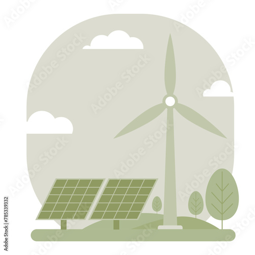 Electricity from solar panels and widmills. Eco green energy. save the planet concept