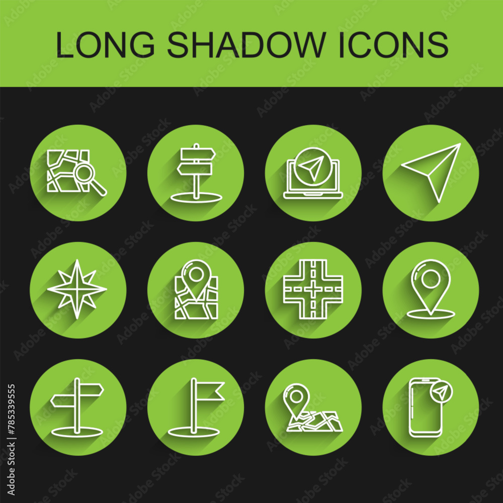 Set line Road traffic sign, Flag, Folded map with location marker, Infographic of city navigation, Map pin and icon. Vector Set line Road traffic sign, Flag, Folded map with location marker, Infographic of city navigation, Map pin and icon. Vector