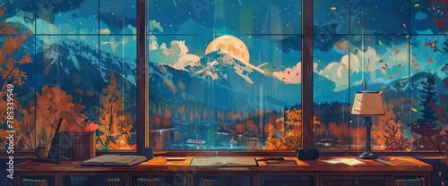 A warm and cozy room with an open window overlooking the autumn landscape, where you can see mountains, forests, rivers, boats, clouds in orange blue tones at night