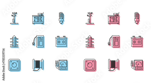 Set line Electric light switch, Wire electric cable on a reel or drum, High voltage power pole line, Ampere meter, multimeter, voltmeter, Battery, Car battery, and Diesel generator icon. Vector