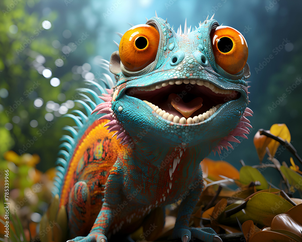 © Wazir Design - Smiling chameleon with big eyes in the forest. 3d rendering