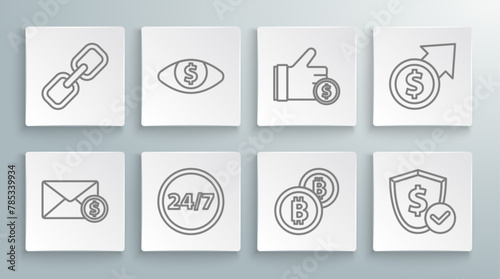 Set line Envelope with coin dollar, Eye, Clock 24 hours, Cryptocurrency Bitcoin, Shield, Hand holding, Financial growth and Chain link icon. Vector
