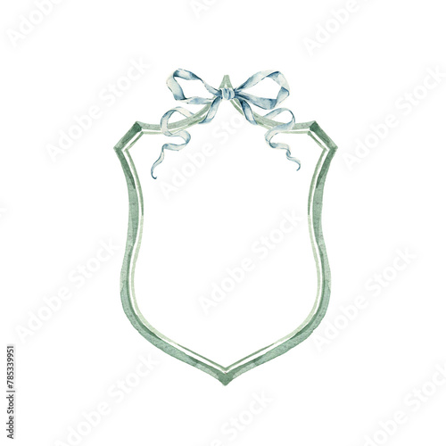 Vintage watercolor wedding frame. Cute crest with bow. Retro frame card.