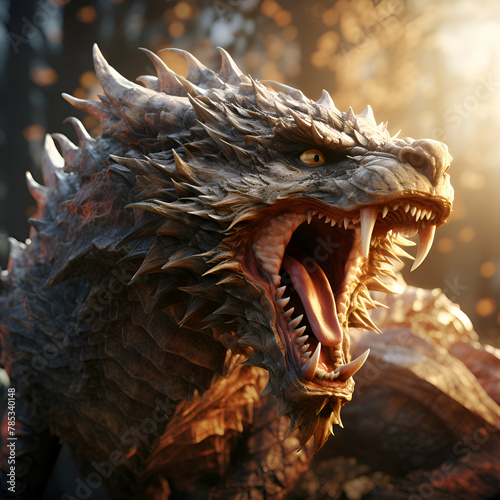 Fantasy dragon with open mouth and sharp teeth. 3d rendering