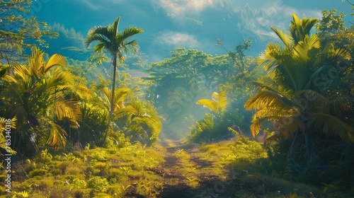 Tropical Jungle Trail at Sunrise - Serene Morning Light Filtering Through Foliage