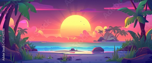 An exotic beach at sunset is depicted in a vector illustration  with palm trees and crystal clear water. 