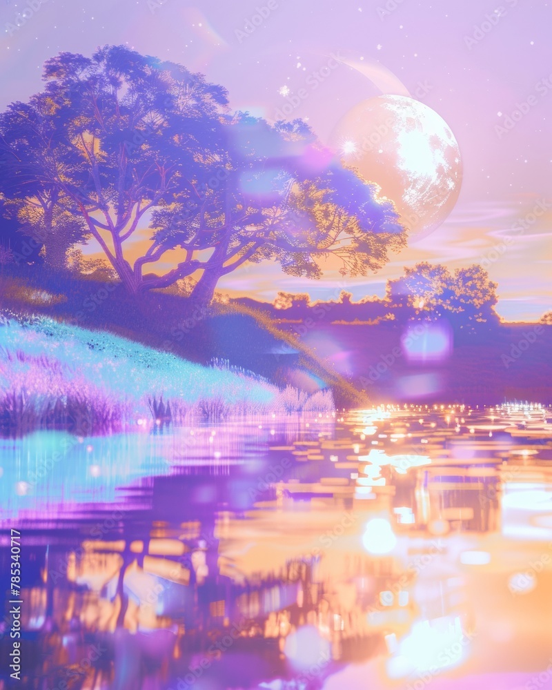 Obraz premium Serene Twilight Landscape with Dreamy Purple Hues and Reflective Water