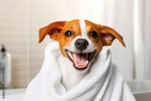 Cute happy puppy dog wrapped in towel after bath just washed at home, concept of grooming salon or goods for treatment for domestic pets photo