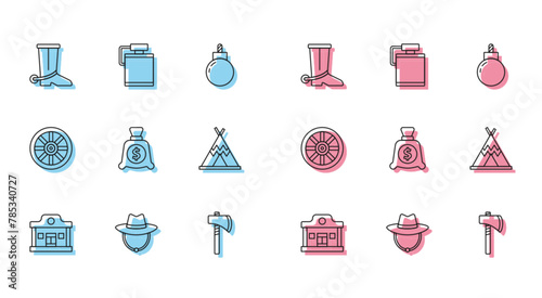 Set line Wild west saloon, Western cowboy hat, Cowboy boot, Tomahawk axe, Money bag, Indian teepee or wigwam, Old wooden wheel and Canteen water bottle icon. Vector