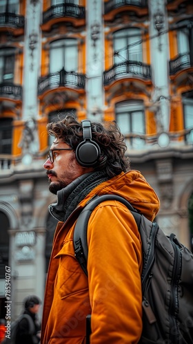 Young man walking through the city with a yellow jacket and headphones listening to music.