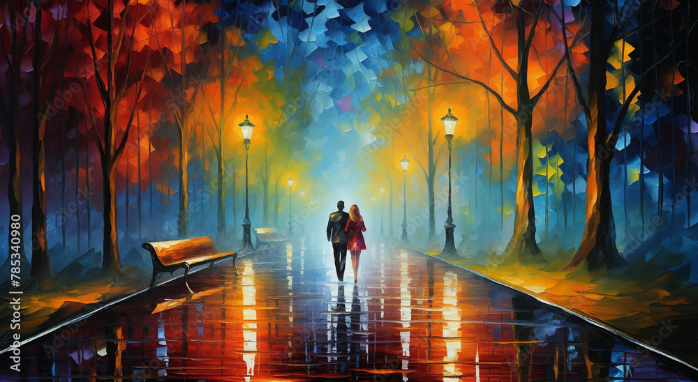 a painting of a couple walking down a rain soaked street at night with a bright light shining on them a painting of a couple walking down a rain soaked street at night with a bright light shining on them
