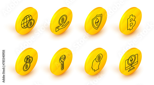 Set line Monitor and Cryptocurrency coin Ethereum ETH, Bitcoin think, key, Shield, Hand holding and Globe cryptocurrency icon. Vector