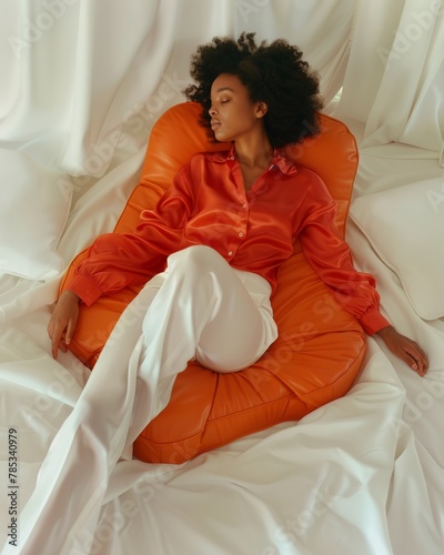 Young African-American Woman in Orange Pajamas Relaxing on a Bed - Serene Indoor Scene