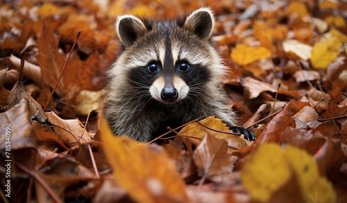 a raccoon is standing in the leaves of a forest looking at the camera with a sad look on its face
