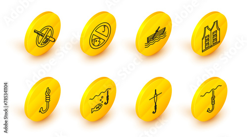 Set line Fishing hook under water, and float, with fish, jacket, boat oars on, No fishing and icon. Vector