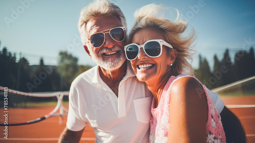 A happy couple wearing sunglasses smiles on the tennis court photo