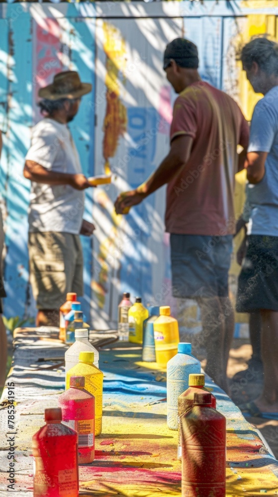 Diverse Men Engaged in Colorful Street Art Painting Under Daylight