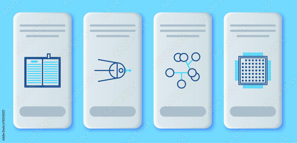 Set line Satellite, Molecule, Open science book and Processor icon. Vector Set line Satellite, Molecule, Open science book and Processor icon. Vector