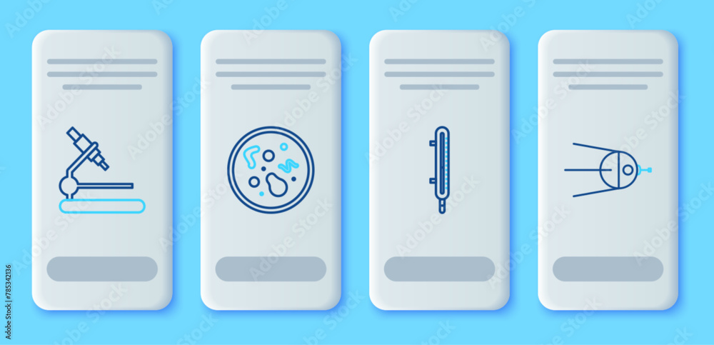 Set line Bacteria, Meteorology thermometer measuring, Microscope and Satellite icon. Vector