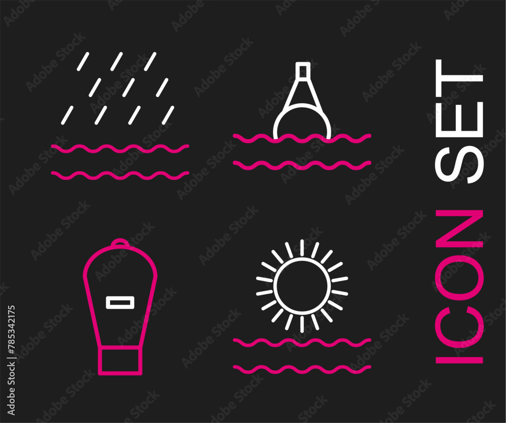 Set line Sun and waves, Lift bag, Floating buoy on the sea and Rain icon. Vector Set line Sun and waves, Lift bag, Floating buoy on the sea and Rain icon. Vector