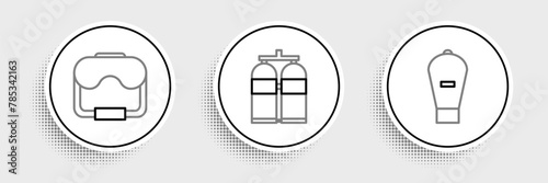 Set line Lift bag, Diving mask and Aqualung icon. Vector