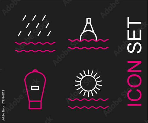 Set line Sun and waves, Lift bag, Floating buoy on the sea and Rain icon. Vector