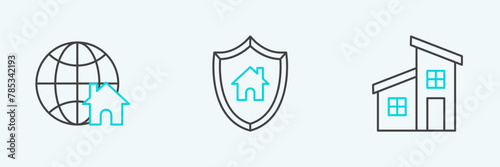 Set line House, Globe with house symbol and shield icon. Vector