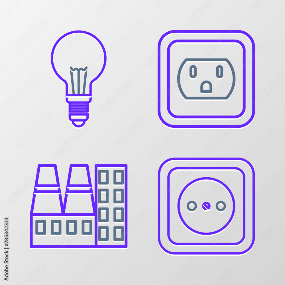 Set line Electrical outlet, Power station plant and factory, in the USA and Light bulb with concept of idea icon. Vector Set line Electrical outlet, Power station plant and factory, in the USA and Light bulb with concept of idea icon. Vector