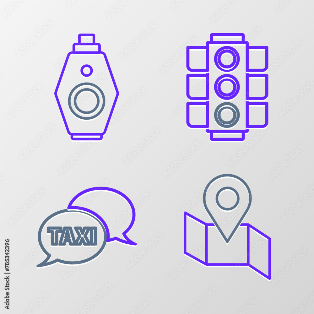 Set line Folded map with location marker, Taxi call telephone service, Traffic light and Car key remote icon. Vector Set line Folded map with location marker, Taxi call telephone service, Traffic light and Car key remote icon. Vector