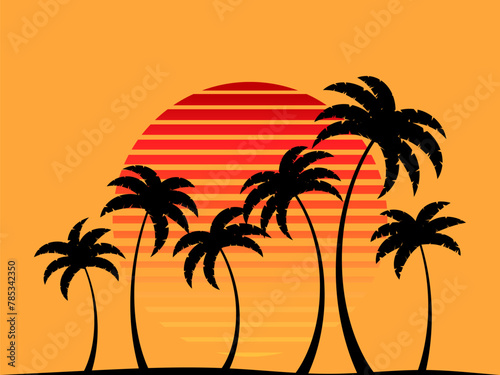 Tropical palm trees at sunset in a futuristic 80s style. Summer time, silhouettes of palm trees in synthwave and retrowave style. Design of advertising booklets and banners. Vector illustration