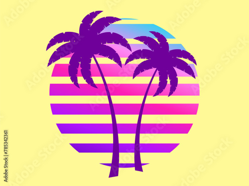 Silhouettes of palm trees against a retro futuristic sun background. Palm trees against a background of gradient sun in synthetic and retrowave styles. Summer time. Vector illustration