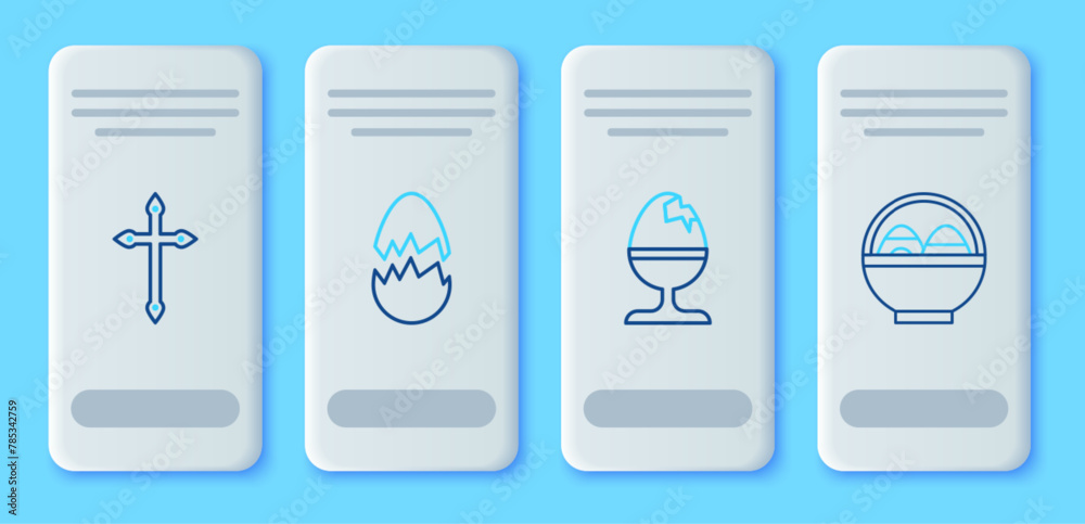 Set line Broken egg, Chicken on a stand, Christian cross and Basket with easter eggs icon. Vector