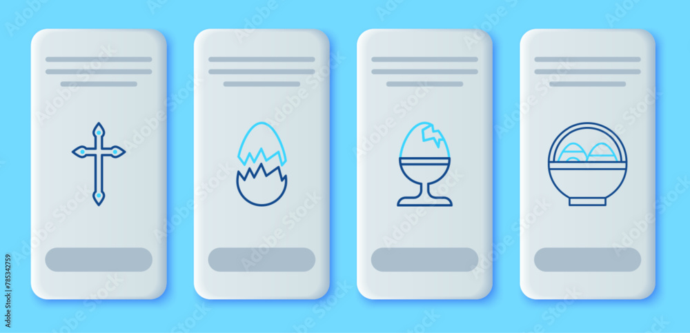 Set line Broken egg, Chicken on a stand, Christian cross and Basket with easter eggs icon. Vector Set line Broken egg, Chicken on a stand, Christian cross and Basket with easter eggs icon. Vector