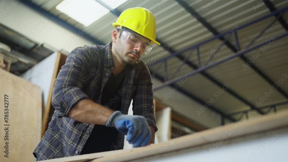 Close up and lower view carpenter or woodworker or charpentier man use drill to work with wood product in workplace.