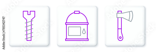 Set line Wooden axe, Metallic screw and Paint bucket icon. Vector