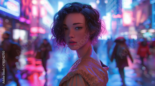 A beautiful girl stands on a noisy city street at night with bright neon lights and busy traffic, banner
