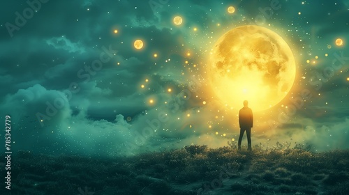Serendipity concept, man standing in front of full moon, silhouette success science glowing star shape photo