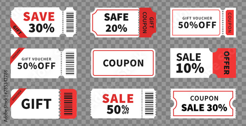 Coupon promotion set. Gift voucher or discount. Vector illustration isolated transparent background