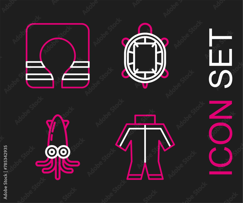 Set line Wetsuit, Octopus, Turtle and Life jacket icon. Vector Set line Wetsuit, Octopus, Turtle and Life jacket icon. Vector