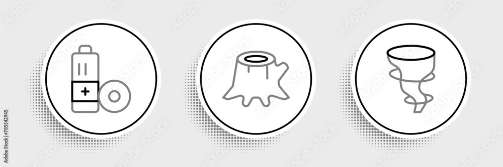Set line Tornado, Battery and Tree stump icon. Vector Set line Tornado, Battery and Tree stump icon. Vector
