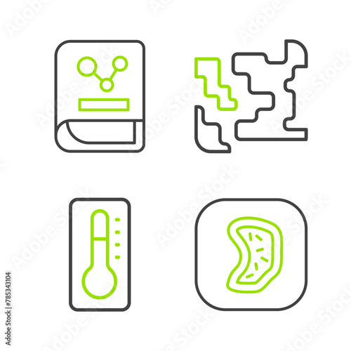 Set line Bacteria, Medical thermometer, Gaseous and Chemistry book icon. Vector