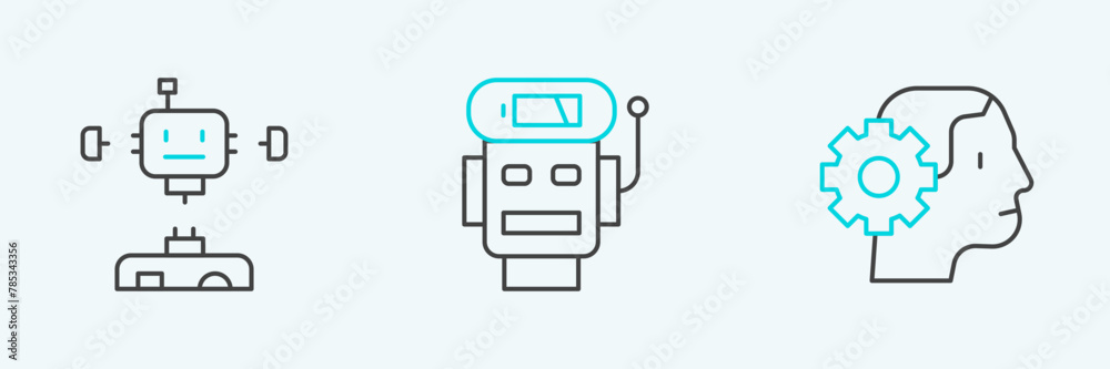 Set line Humanoid robot, Disassembled and Robot low battery charge icon. Vector Set line Humanoid robot, Disassembled and Robot low battery charge icon. Vector