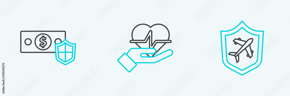 Set line Plane with shield, Money and Life insurance in hand icon. Vector Set line Plane with shield, Money and Life insurance in hand icon. Vector