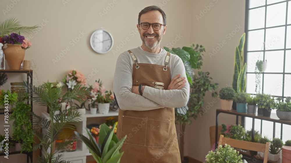 Bearded man with apron stands confidently in a well-stocked flower shop, exuding professionalism and friendliness. Bearded man with apron stands confidently in a well-stocked flower shop, exuding professionalism and friendliness.