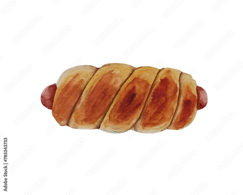 Watercolor sausages in dough isolated on white background.Sausages in dough isolated on white background. Fresh tasty sausage roll illustration, pastry wrapped sausage. Watercolor sausages in dough isolated on white background.Sausages in dough isolated on white background. Fresh tasty sausage roll illustration, pastry wrapped sausage.